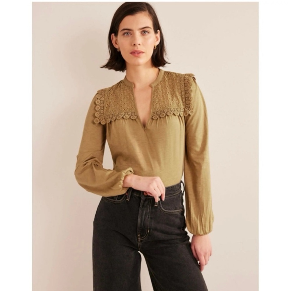 NWT Boden Notch Neck Woven Mix Top Camel Prarie Beige Taupe Eyelet Collar 20/22